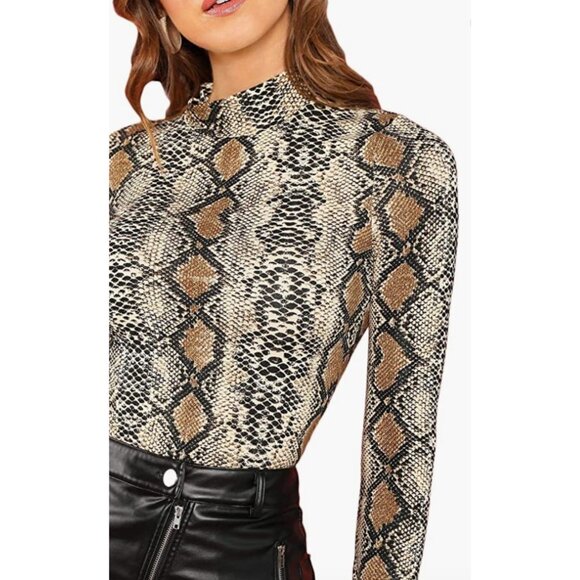 Brown‎ Multi Snakeskin Printed Long Sleeve Mock Neck Bodycon Top Tee Sweater - Picture 6 of 8